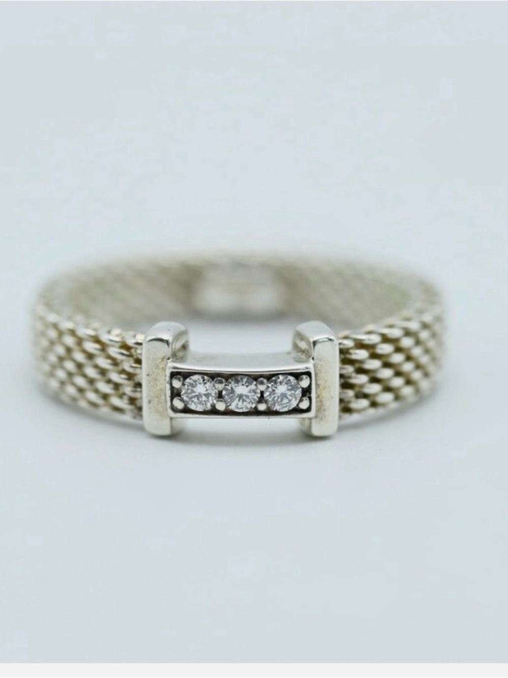 Tiffany & Co. Somerset Mesh Ring 3 Diamond Sterling Silver Authentic